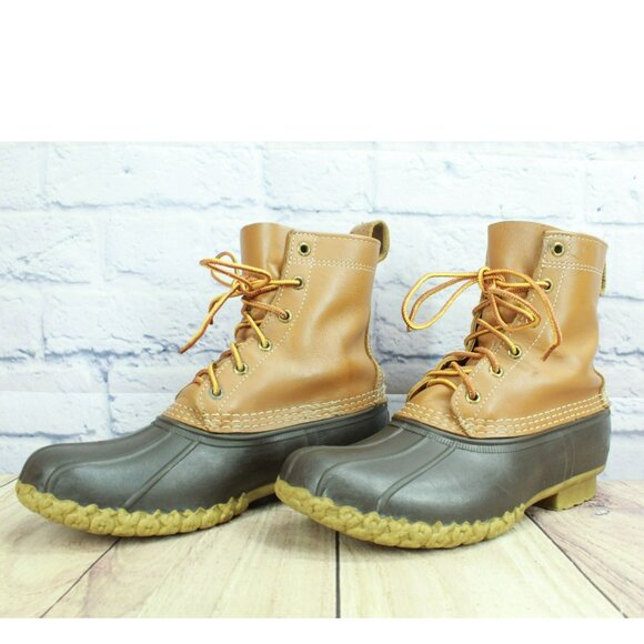 LL Bean 8" Unlined Round Toe Ankle Brown Leather Duck Boots Lace Up Size 9 M - Picture 2 of 12